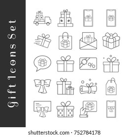 Simple Set of Gifts Related Vector Line Icons. Contains such Icons as Gift Card, Present Offer, Ribbon and more. 