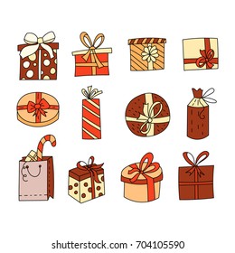 Simple Set of Gifts Vector Thin Line Icons. Gift boxes with ribbons in various shapes. Christmas symbols.
