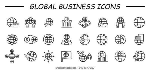 Simple set of global business related vector line icons. Contains such icons as international partnership, outsourcing, branch office, international communication and more. 