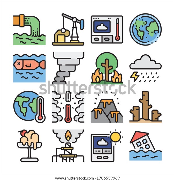 Simple Set of Global Warming Related Vector Line\
Icons Color