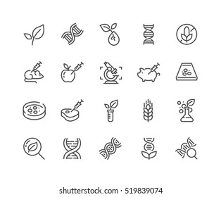 Simple Set of GMO Related Vector Line Icons. 
Contains such Icons as DNA, Lab Tests, Petri Dish and more.
Editable Stroke. 48x48 Pixel Perfect.