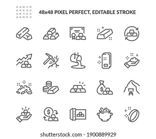 Simple Set of Gold Related Vector Line Icons. Contains such Icons as Price Change, Mine, Stack of Gold Bars and more. Editable Stroke. 48x48 Pixel Perfect.