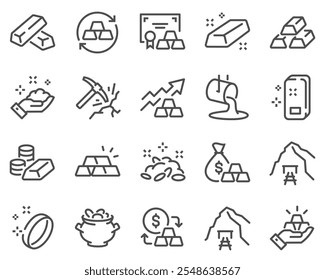 A simple set of gold related vector line icons. Contains icons such as price change, mine, gold bar stack and more. Editable stroke.