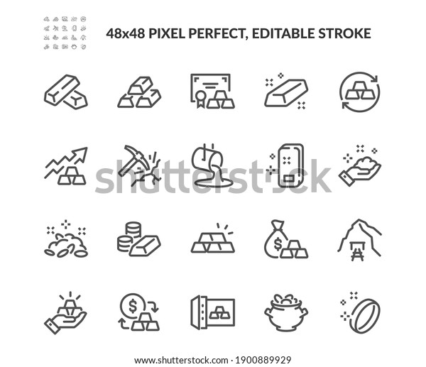 Simple Set of Gold Related Vector Line\
Icons. Contains such Icons as Price Change, Mine, Stack of Gold\
Bars and more. Editable Stroke. 48x48 Pixel\
Perfect.