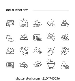 conjunto simple de iconos vectoriales de oro con estilos de línea modificables que cubren la mina de oro, el anillo, el certificado y otros. aislado de fondo blanco. 