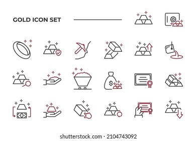 simple set of Gold vector icons with editable line styles covering gold mine, ring, certificate and other. isolated on white background. 