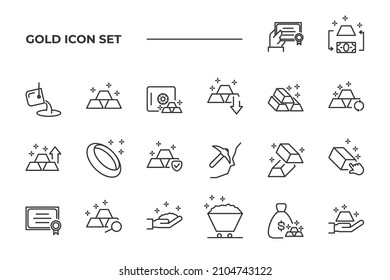 simple set of Gold vector icons with editable line styles covering gold mine, ring, certificate and other. isolated on white background. 