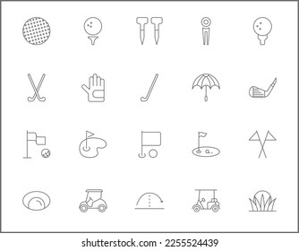 Simple Set of golf Related Vector Line Icons.
Vector collection of sport, ball, field, stick, glove, cart, umbrella, flag and design elements symbols or logo element.