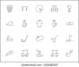 Simple Set of golf Related Vector Line Icons.
Vector collection of sport, ball, field, stick, glove, cart, umbrella, flag and design elements symbols or logo element.