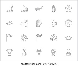 Simple Set of golf Related Vector Line Icons.
Vector collection of sport, ball, field, stick, glove, cart, umbrella, flag and design elements symbols or logo element.