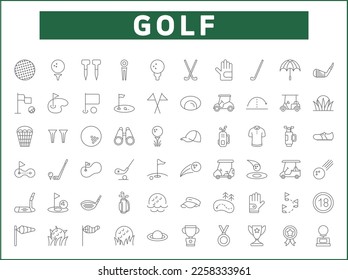 Simple Set of golf Related Vector Line Icons.
Vector collection of sport, ball, field, stick, glove, cart, umbrella, flag and design elements symbols or logo element.