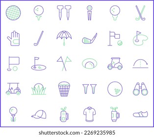 Simple Set of golf Related Vector Line Icons.Vector collection of sport, ball, field, stick, glove, cart, umbrella, flag and design elements symbols or logo element.