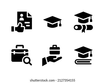 Einfache Set von Graduationsbezogenen Vektor-Solid-Symbolen. Enthält Symbole wie Great Resume, Mortarboard, Diploma und mehr.