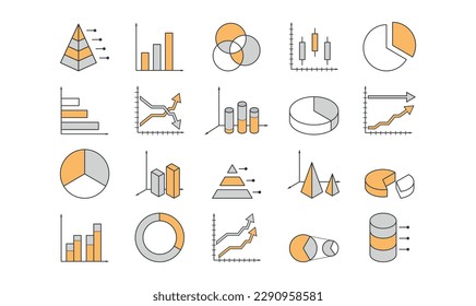 Simple Set of Graph Related  flat Vector Icons. Contains such Icons as Pie Chart, Graphic, Statistics, Column Chart and more. Orange, gray and white colors