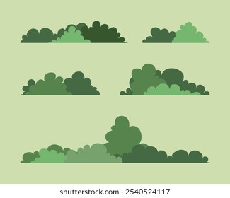 Simple set of green bushes in a flat style, different leaf shapes, minimalist design.