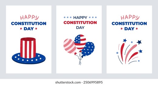 Simple conjunto de tarjetas de felicitación para el Día de la Constitución Feliz de EE.UU. con ilustración de dibujos animados de la del tío Sam, globos, fuegos artificiales. Concepto divertido para el cartel, Anuncio para celebrar la fiesta americana