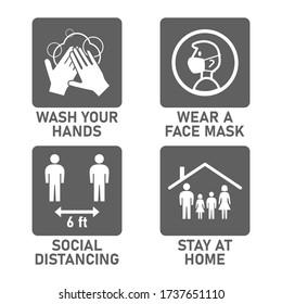 Simple Set of Grey and White Instruction Icons against the Spread of Coronavirus Covid-19, including Wash Your Hands, Wear a Face Mask, Social Distancing 6 Feet and Stay at Home. Vector Image.