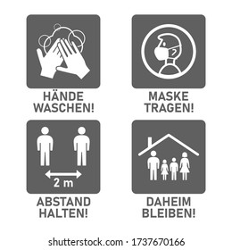 Simple Set of Grey and White Instruction Icons in German against the Spread of Coronavirus Covid-19, including Wash Your Hands, Wear a Face Mask, Keep Distance 2 Meters and Stay Home. Vector Image.