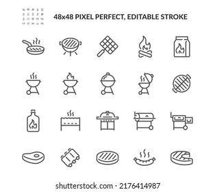Simple Set of Grill Related Vector Line Icons. Contains such Icons as Meat, Charcoal, Bonfire and more. Editable Stroke. 48x48 Pixel Perfect.
