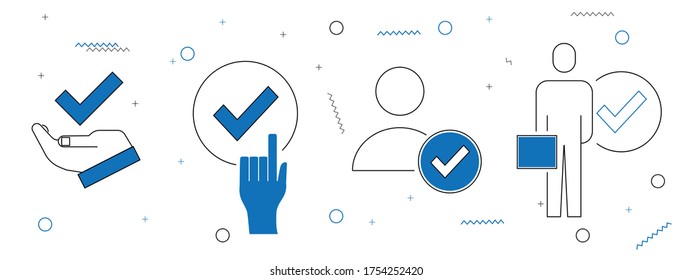 Conjunto simple de iconos de línea delgada relacionados con la garantía. Aprobación minimalista de vectores relacionados. Iconos humanos, manuales y de verificación. Diseño de patrones con círculos y líneas azules. Stroke editable. Pixel Perfecto.