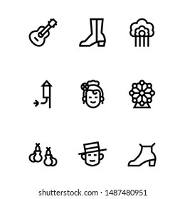 Simple Set of guitar, boot, peineta, fireworks, woman, ferris wheel, castanets, man, heels Related Vector Line Icons.