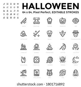 Simple Set of Halloween Line Icons such Icons as dracula, pumpkin, mummy, ghost. 64x64 Pixel Perfect Editable Stroke Vector.