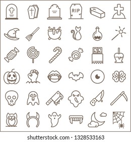 Simple Set of Halloween Related Line Icons. 
Collection Of tombstone, witch hat, cat, vampire, scythe And Other Elements.
customize color, stroke width control , easy resize.