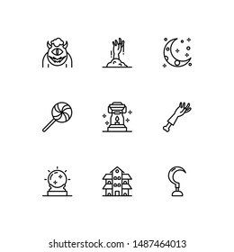 Simple Set of hallowen Related Vector Line Icons. Contains such monster, zombie, night, lollipop, lantern, hand, magic ball, haunted house, scythe.