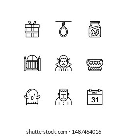 Simple Set of hallowen Related Vector Line Icons. Contains such gift, gallows, eyeball, gate, dracula, fangs, ghost, frankenstein.