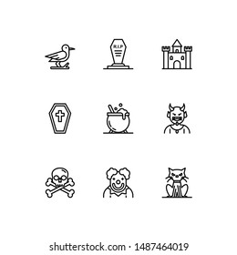 Simple Set of hallowen Related Vector Line Icons. Contains such crow, coffin, castle, cauldron, devil, skull, clown, black cat.