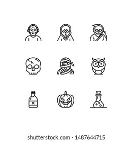 Simple Set of hallowen Related Vector Line Icons. Contains such serial killer, scream, reaper, skull, mummy, owl, rum, pumpkin jack o lantern, poison.