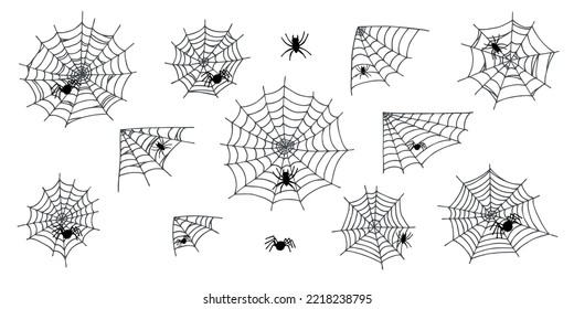 Simple set of hand drawn spider web illustration. Cute gossamer clipart. Halloween doodle for print, web, design, decor, logo