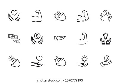 Simple set of hand icons in trendy line style. Modern vector symbols, isolated on a white background. Linear pictogram pack. Line icons collection for web apps and mobile concept.
