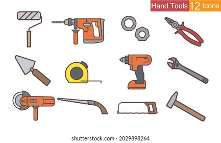 Simple Set of hand tools Icons . Contains icons such as saws, roller, hammers, cutters, brushes and more