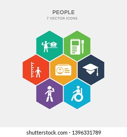 simple set of handicapped, foreign reporter, students graduation hat, identification ard icons, contains such as icons small boy, pencil and notebook, journalist woman talking about culture and