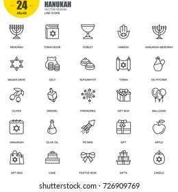 Simple Set of Hanukah Related Vector Line Icons. Contains such Icons as Menorah, Torah Book, Candle, Dreidel, Hamesh, Sufganiyot and more. Editable Stroke. 48x48 Pixel Perfect.