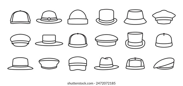 Einfache Reihe von Hut-Icons, einschließlich Fedora-Hut-Icon, Kapitän, Männer-Bowler, Baseball-Kappe, Sonnenblende, Baskenmütze, Cowboy, Eimer, Sommerhut. Icons Set von Hüten Vektorillustration auf transparentem Hintergrund. 