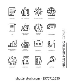 Simple Set of Head Hunting Related Vector Line Icons. Contains such Icons as Candidate, CV, Card Index, Outsource and more.