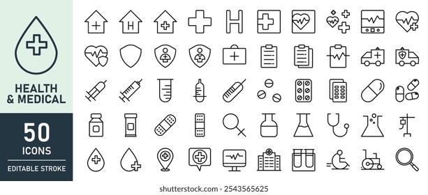 Simple Set of Healt and Medical Vector Line Icons. Containing treatment, prevention, medical, health, diagnosis, report, illness, injury and more. Editable Stroke. 