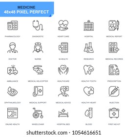 Simple Set Healthcare and Medical Line Icons for Website and Mobile Apps. Contains such Icons as Ambulance, First Aid, Research, Hospital. 48x48 Pixel Perfect. Editable Stroke. Vector illustration.