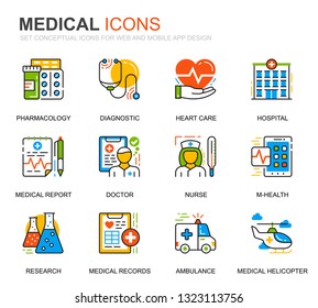 Simple Set Healthcare and Medical Line Icons for Website and Mobile Apps. Contains such Icons as Ambulance, First Aid, Research, Hospital. Conceptual color line icon. Vector pictogram pack.