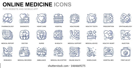 Simple Set Healthcare and Medical Line Icons for Website and Mobile Apps. Contains such Icons as Ambulance, First Aid, Research, Hospital. Conceptual thin line icon. Vector pictogram pack.