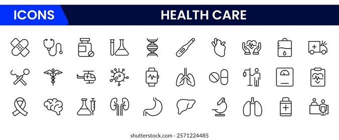 Simple Set of Healthcare Vector Line Icons. Containing treatment, prevention, medical, health, diagnosis, report, illness, injury and more.