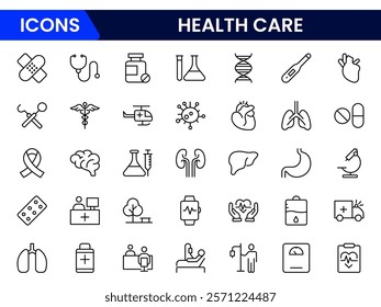 Simple Set of Healthcare Vector Line Icons. Containing treatment, prevention, medical, health, diagnosis, report, illness, injury and more.