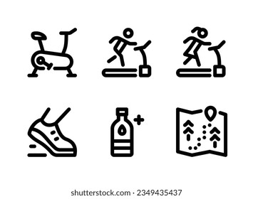 Simple Set of Healthy Living Related Vector Line Icons. Contains Icons as Exercise Bike, Treadmill, Running Shoes and more.