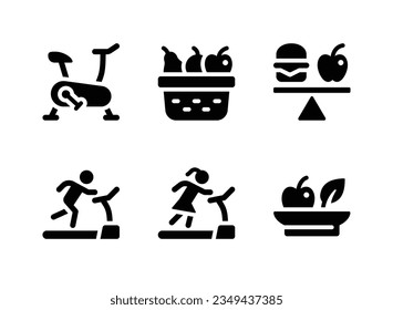 Simple Set of Healthy Living Related Vector Solid Icons. Contains Icons as Exercise Bike, Fruit Basket, Balance Diet and more.