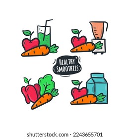Simple set of healthy smoothies color icon doodle drawings. Fruits and vegetables juice illustration vector