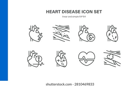 Simple Set of Heart Disease Related Vector Line Icons. Contains such Icons as Heart Attack, Atherosclerosis, Arrhythmia, Heart Failure, Blood Clot and more. Editable Stroke. Pixel Perfect Vector.