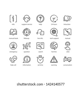Simple Set of Help And Support Related Vector Line Icons. Contains such Icons as Handbook, Online Help, Tech Support and more.