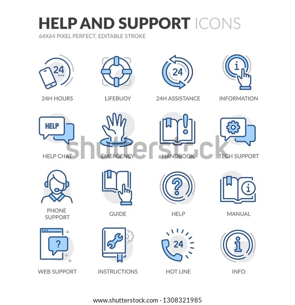 Simple Set of Help And\
Support Related Vector Line Icons. Contains such Icons as Handbook,\
Online Help, Tech Support and more. Editable Stroke. 64x64 Pixel\
Perfect.